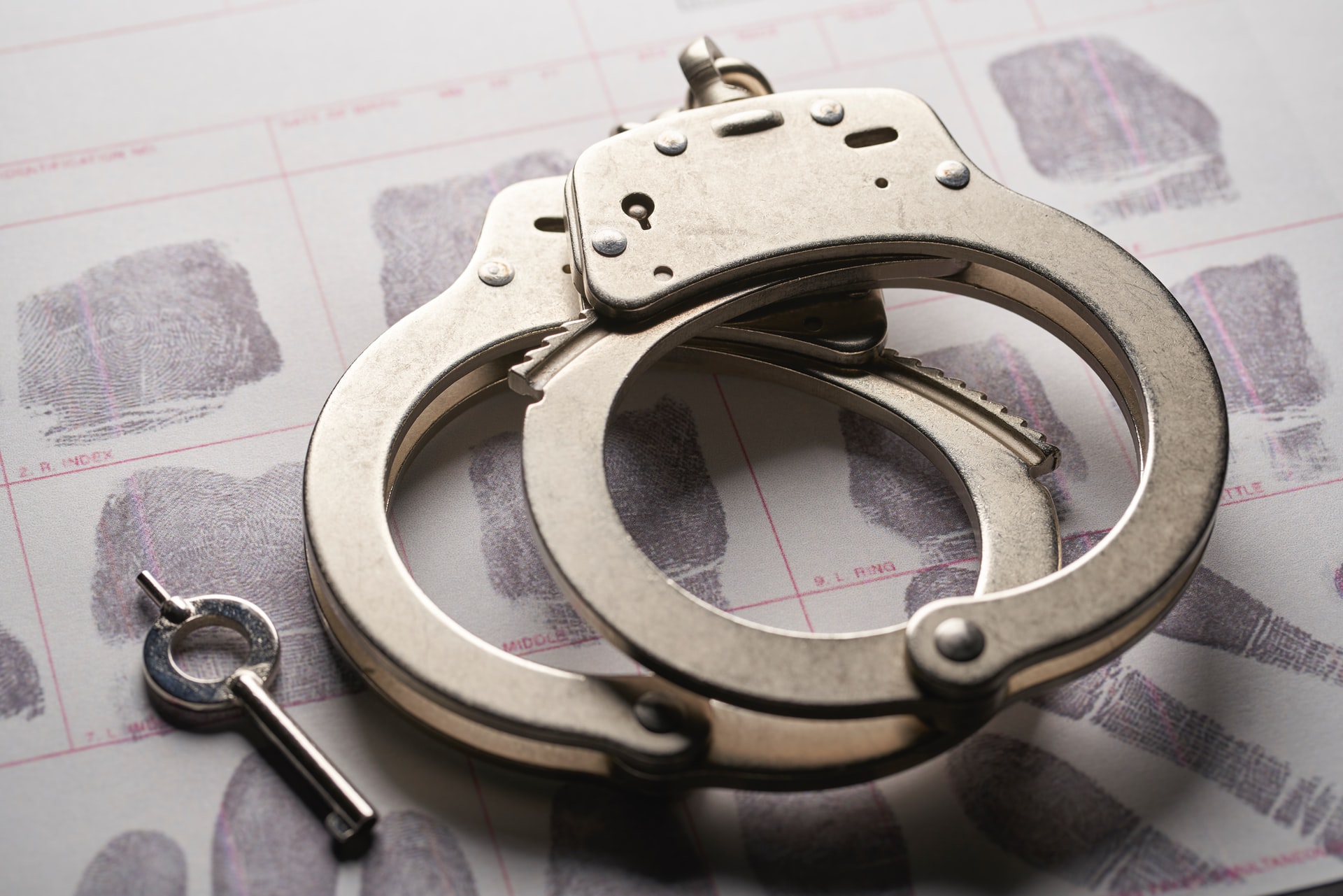 handcuffs sitting on top of a fingerprint sheet